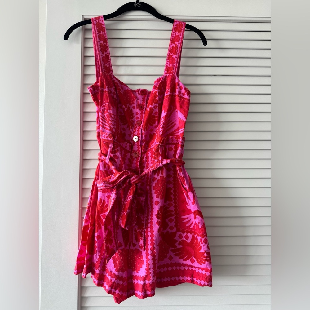 Farm Rio Pink Red Jungle Scarf Romper, Size small